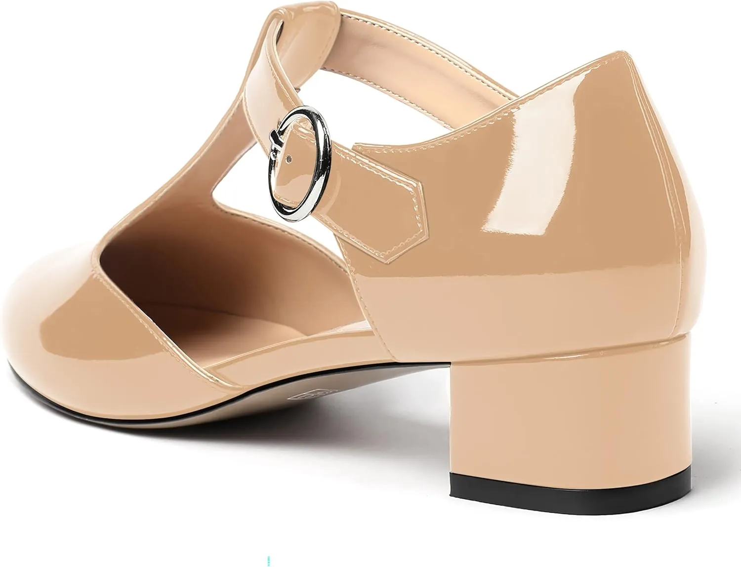 MODENCOCO Women's Round Toe Patent Buckle Dating Fashion T Strap Chunky Low Heel Pumps Dress Shoes 1.5 Inch
