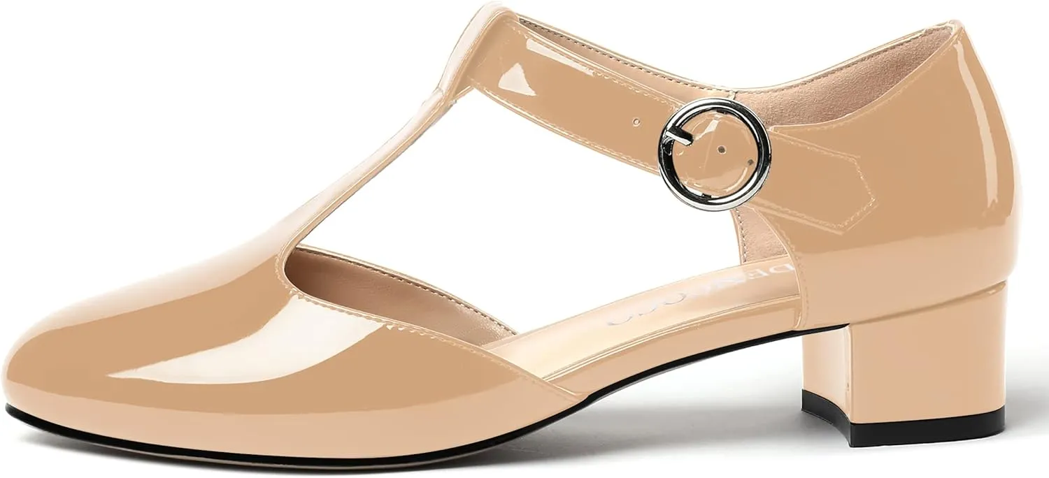 MODENCOCO Women's Round Toe Patent Buckle Dating Fashion T Strap Chunky Low Heel Pumps Dress Shoes 1.5 Inch