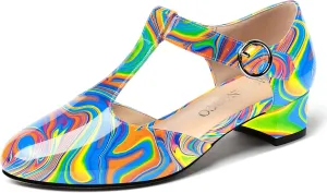 MODENCOCO Women's Round Toe Patent Buckle Dating Fashion T Strap Chunky Low Heel Pumps Dress Shoes 1.5 Inch