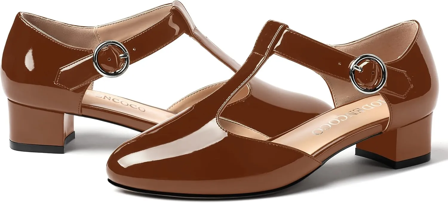 MODENCOCO Women's Round Toe Patent Buckle Dating Fashion T Strap Chunky Low Heel Pumps Dress Shoes 1.5 Inch