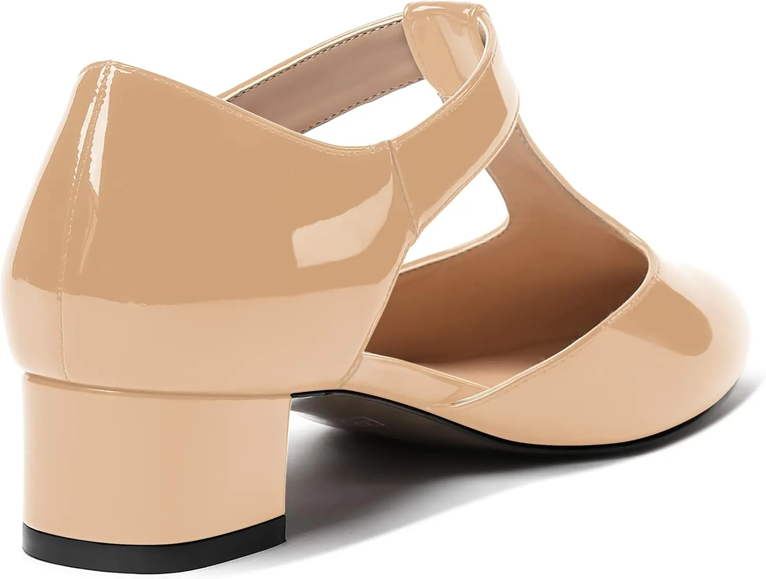 MODENCOCO Women's Round Toe Patent Buckle Dating Fashion T Strap Chunky Low Heel Pumps Dress Shoes 1.5 Inch