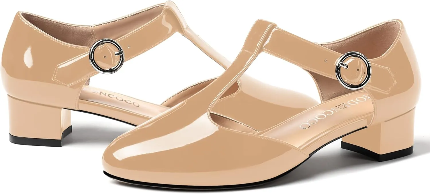 MODENCOCO Women's Round Toe Patent Buckle Dating Fashion T Strap Chunky Low Heel Pumps Dress Shoes 1.5 Inch