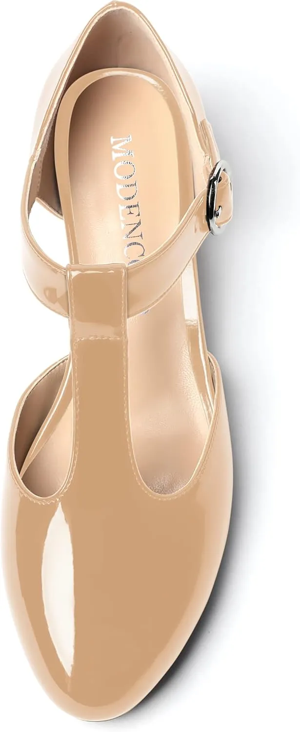 MODENCOCO Women's Round Toe Patent Buckle Dating Fashion T Strap Chunky Low Heel Pumps Dress Shoes 1.5 Inch