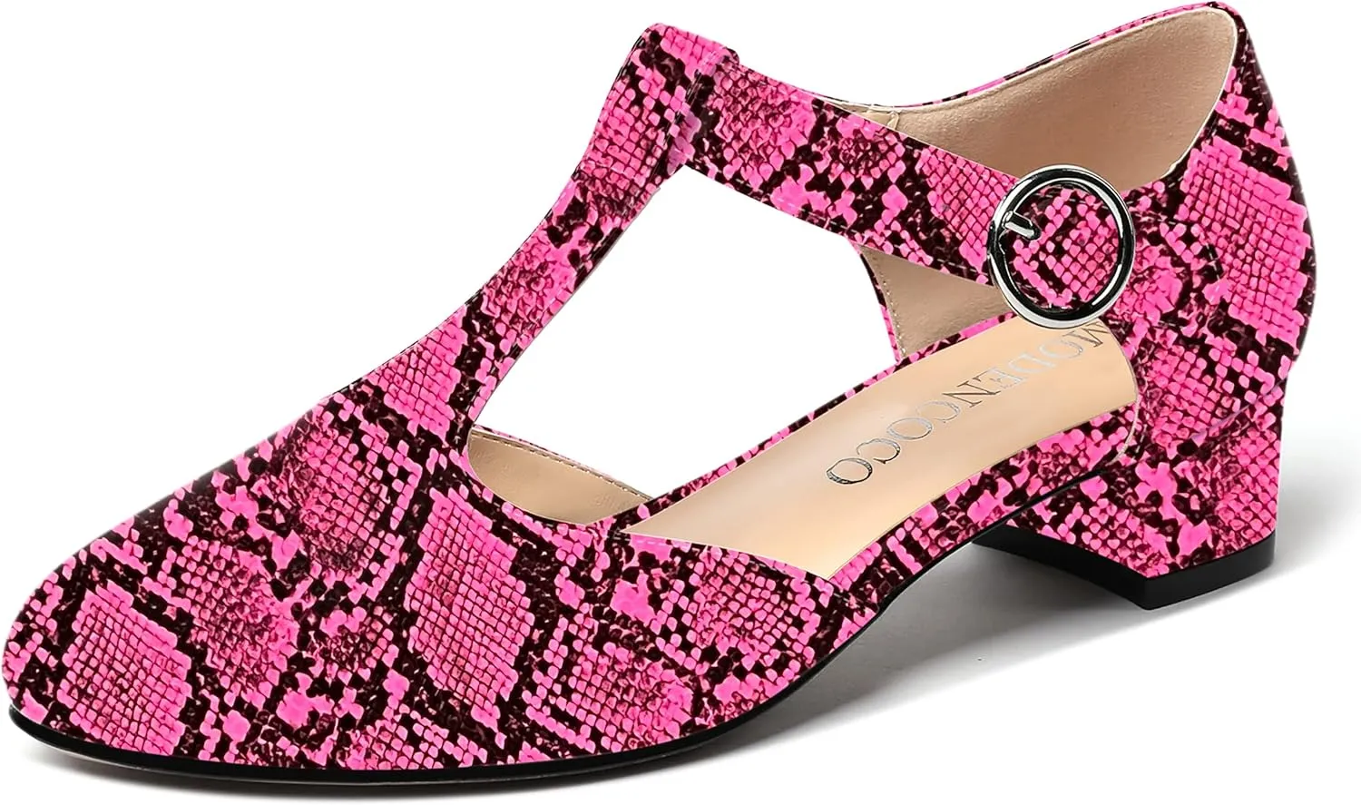 MODENCOCO Women's Round Toe Patent Buckle Dating Fashion T Strap Chunky Low Heel Pumps Dress Shoes 1.5 Inch