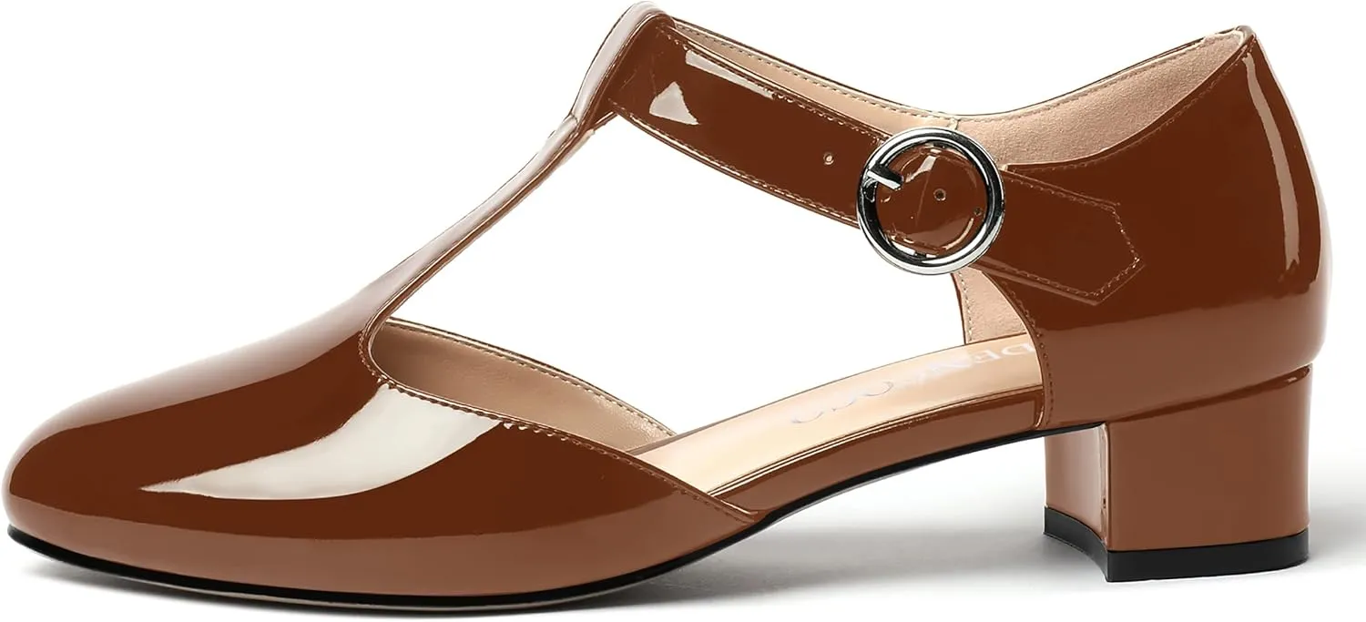 MODENCOCO Women's Round Toe Patent Buckle Dating Fashion T Strap Chunky Low Heel Pumps Dress Shoes 1.5 Inch