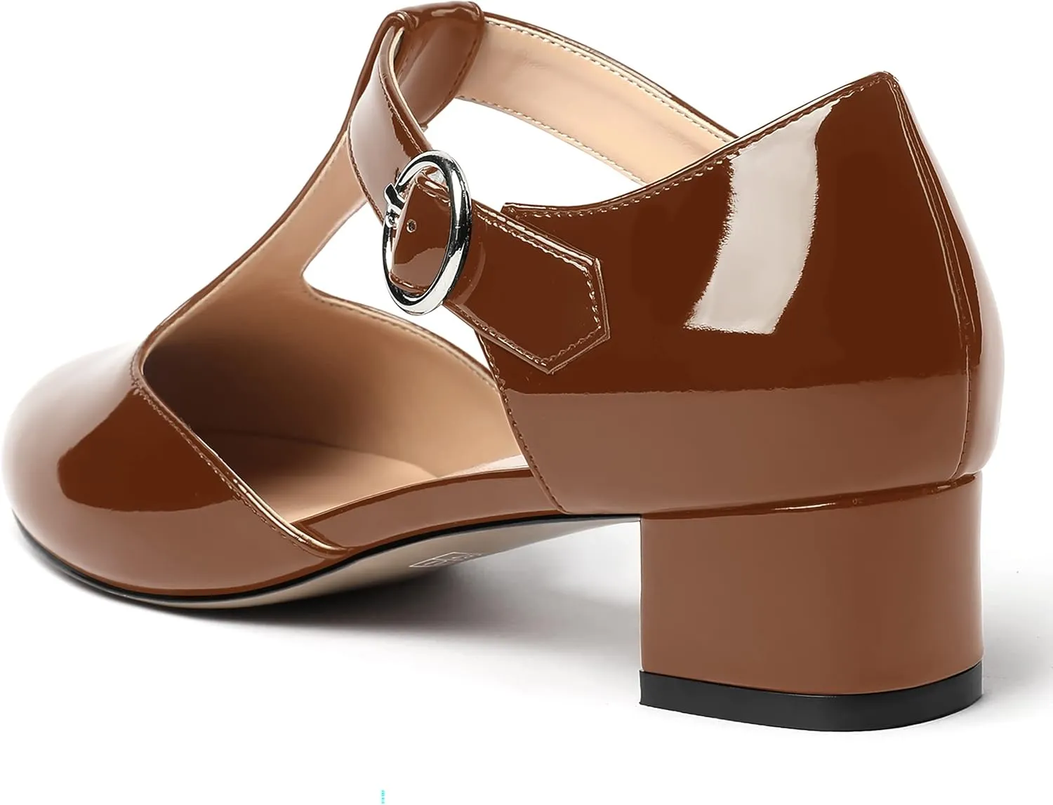 MODENCOCO Women's Round Toe Patent Buckle Dating Fashion T Strap Chunky Low Heel Pumps Dress Shoes 1.5 Inch