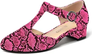 MODENCOCO Women's Round Toe Patent Buckle Dating Fashion T Strap Chunky Low Heel Pumps Dress Shoes 1.5 Inch