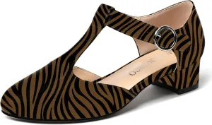 MODENCOCO Women's Round Toe Patent Buckle Dating Fashion T Strap Chunky Low Heel Pumps Dress Shoes 1.5 Inch