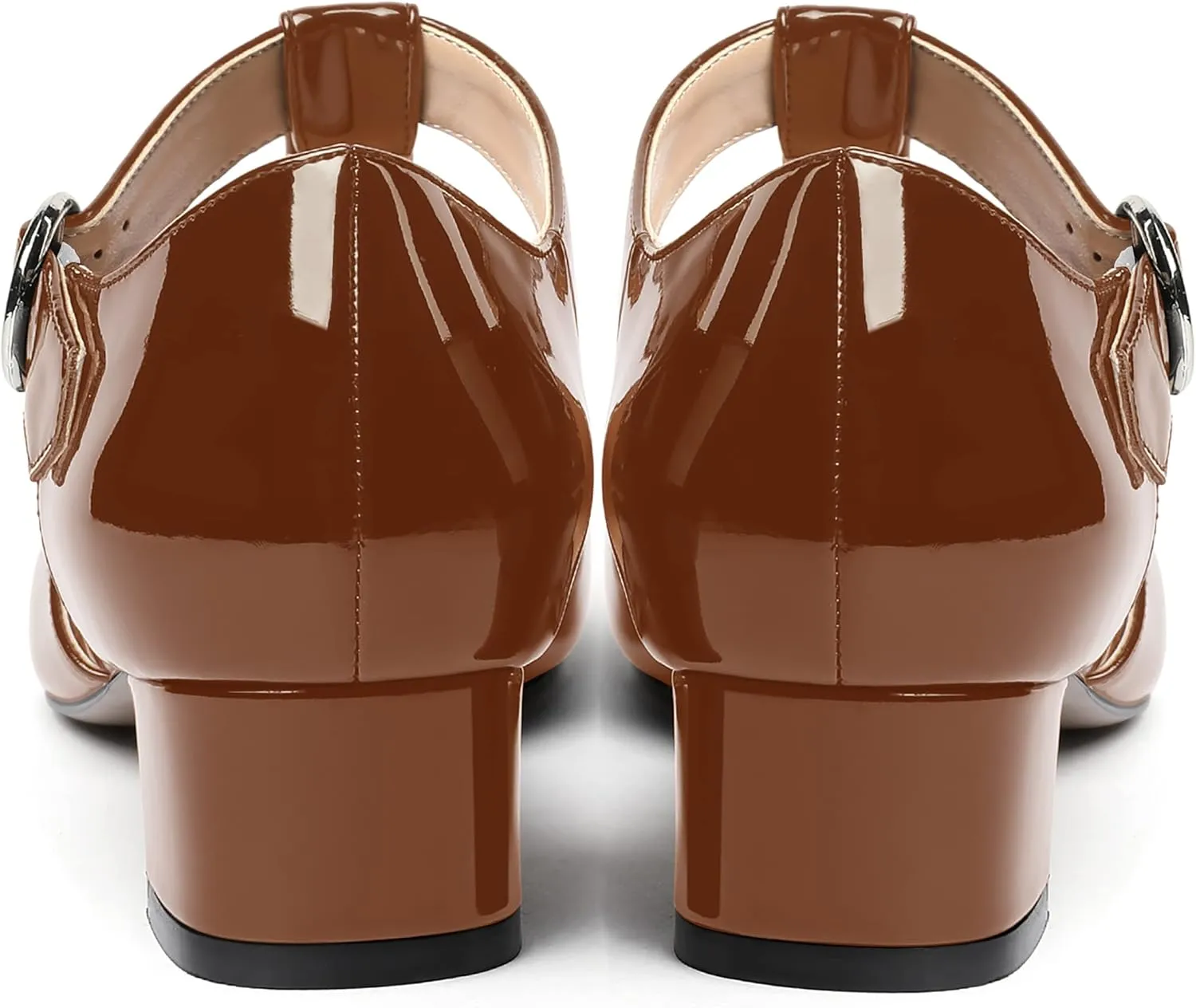 MODENCOCO Women's Round Toe Patent Buckle Dating Fashion T Strap Chunky Low Heel Pumps Dress Shoes 1.5 Inch