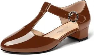 MODENCOCO Women's Round Toe Patent Buckle Dating Fashion T Strap Chunky Low Heel Pumps Dress Shoes 1.5 Inch