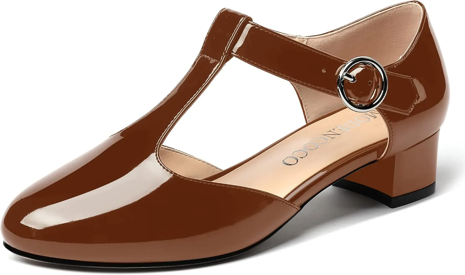 MODENCOCO Women's Round Toe Patent Buckle Dating Fashion T Strap Chunky Low Heel Pumps Dress Shoes 1.5 Inch