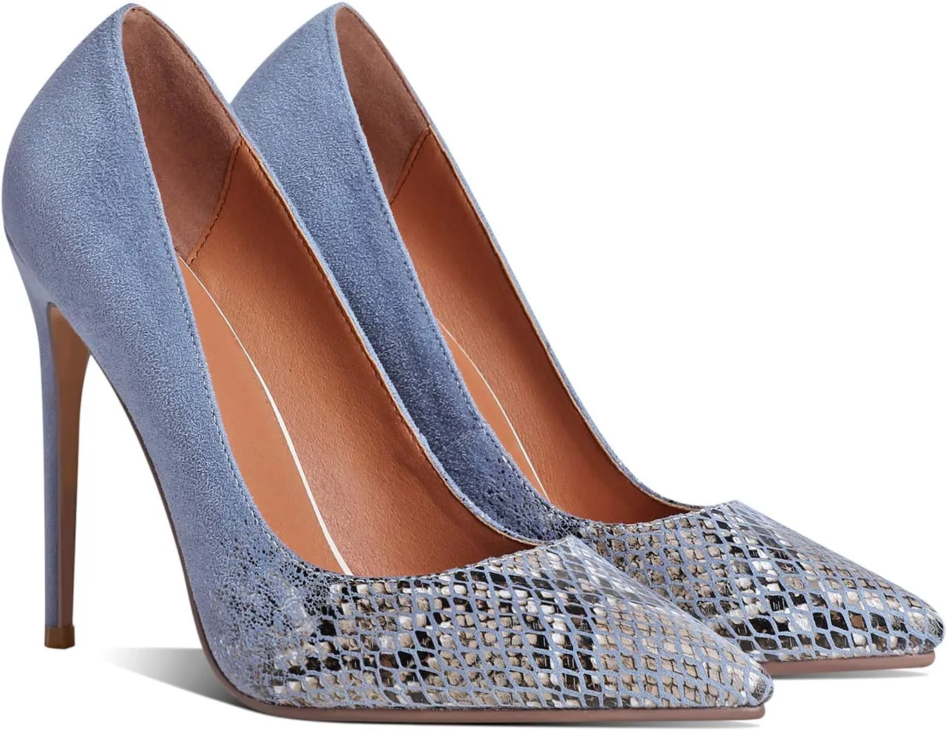MOOMMO Women Pointed Toe Stiletto Pumps High Heel Slip On Suede Leather Sandals Closed Toe Snake Pattern Patchwork Classic Sexy Party Dress Shoes 4-11 M US