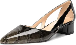 MOVINSTEPS Womens Pointed Toe Dress Slip On Patent Cut Out Work Chunky Low Heel Pumps Shoes 1.5 Inch
