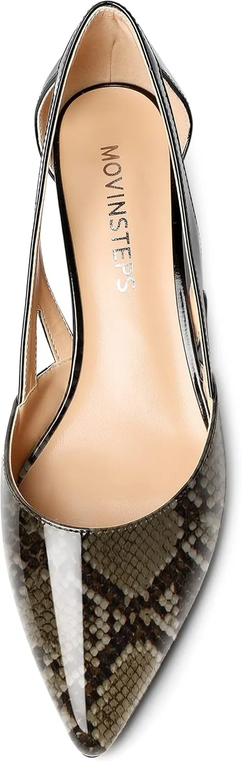MOVINSTEPS Womens Pointed Toe Dress Slip On Patent Cut Out Work Chunky Low Heel Pumps Shoes 1.5 Inch