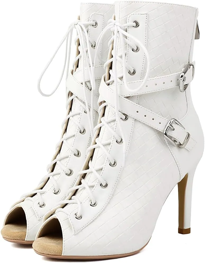 MRKEWUNEY Classic Womens Gladiator Booties Lace Up Stiletto Heels Booties