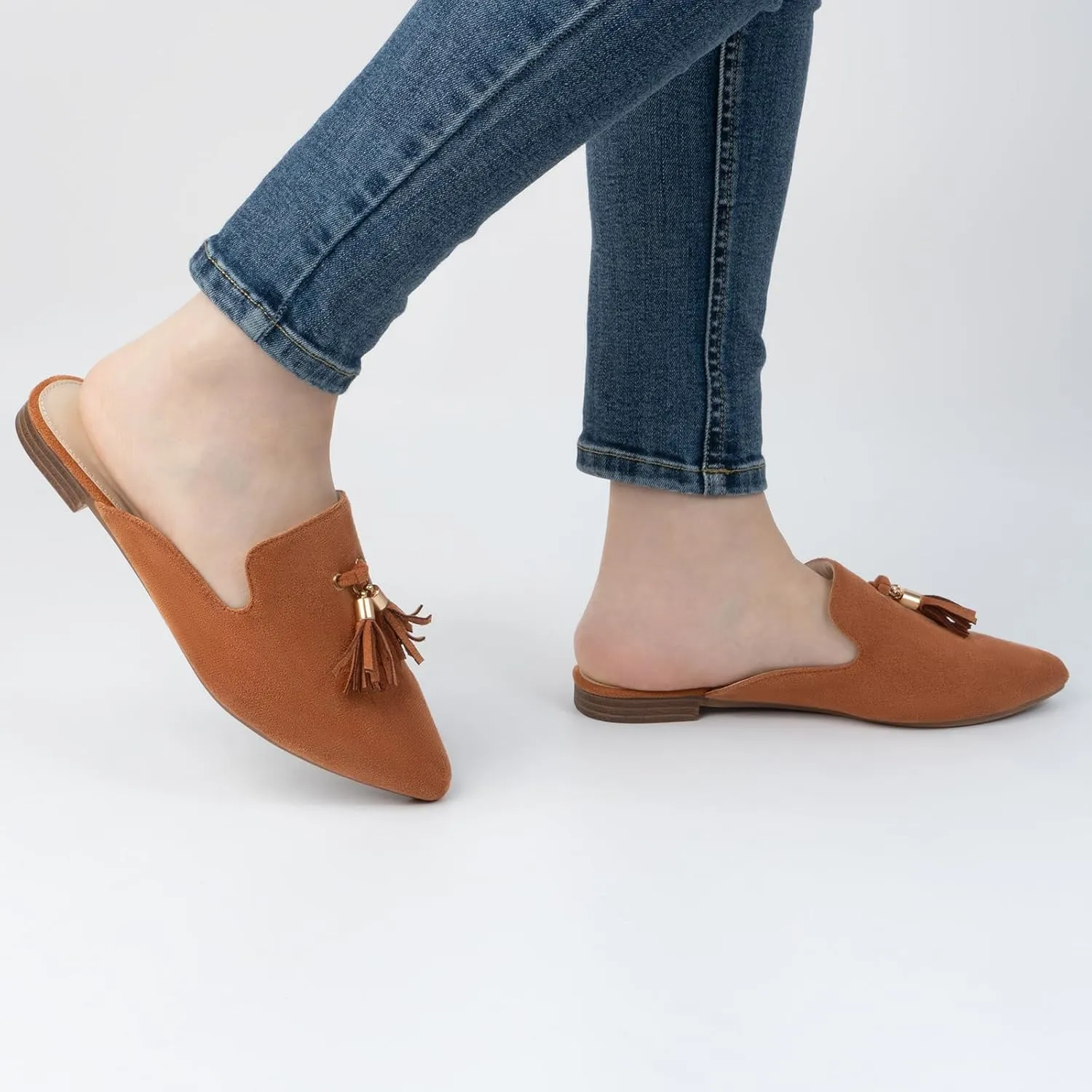 MUSSHOE Mules for Women Comfortable Pointed Toe Backless Slip-on Slides Loafer Flats with Tassels