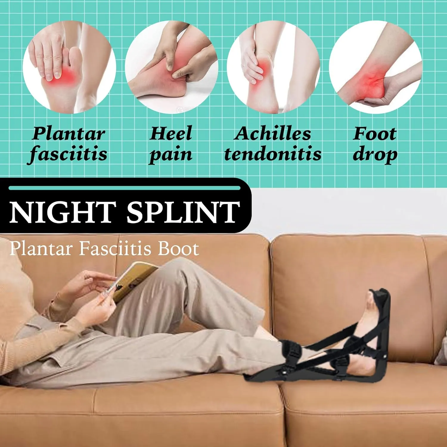 Night Splint for Plantar Fasciitis, Adjustable Plantar Fasciitis Boot Fits Right or Left Foot, Plantar Fasciitis Brace for Men Women Medium