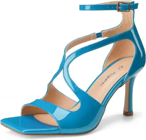 Oh Mispares Women’s Stiletto Heel Sandals Square Open Toe Strappy High Heels Ankle Strap Buckle 3.5 Inch Summer Dress Shoes for Party Wedding Prom
