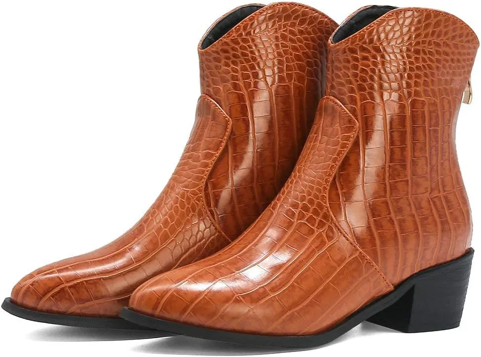 Parisuit Womens Chunky Heel Pointed Toe Cowgirl Ankle Boots Back Zipper Dress Western Booties Crocodile Pattern Shoes