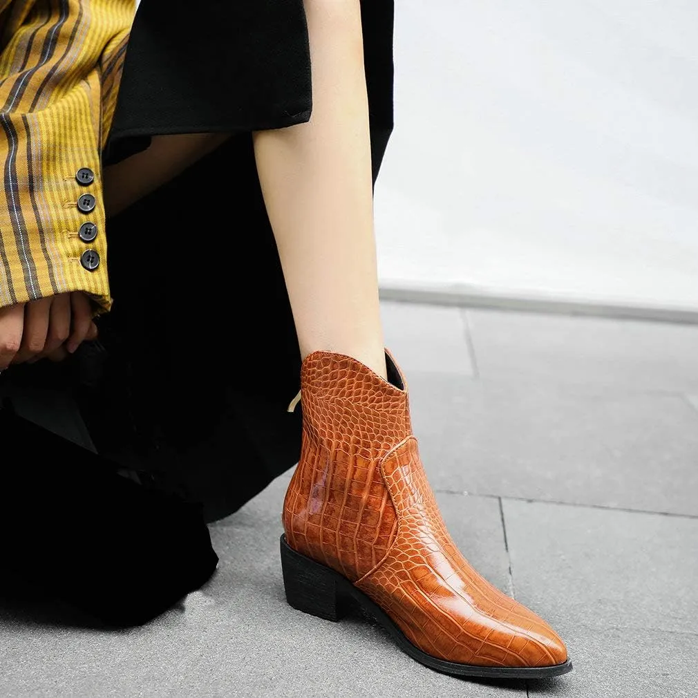 Parisuit Womens Chunky Heel Pointed Toe Cowgirl Ankle Boots Back Zipper Dress Western Booties Crocodile Pattern Shoes