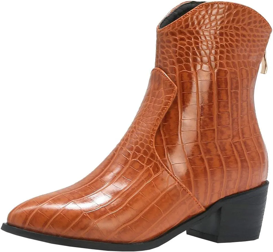 Parisuit Womens Chunky Heel Pointed Toe Cowgirl Ankle Boots Back Zipper Dress Western Booties Crocodile Pattern Shoes