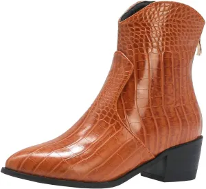 Parisuit Womens Chunky Heel Pointed Toe Cowgirl Ankle Boots Back Zipper Dress Western Booties Crocodile Pattern Shoes