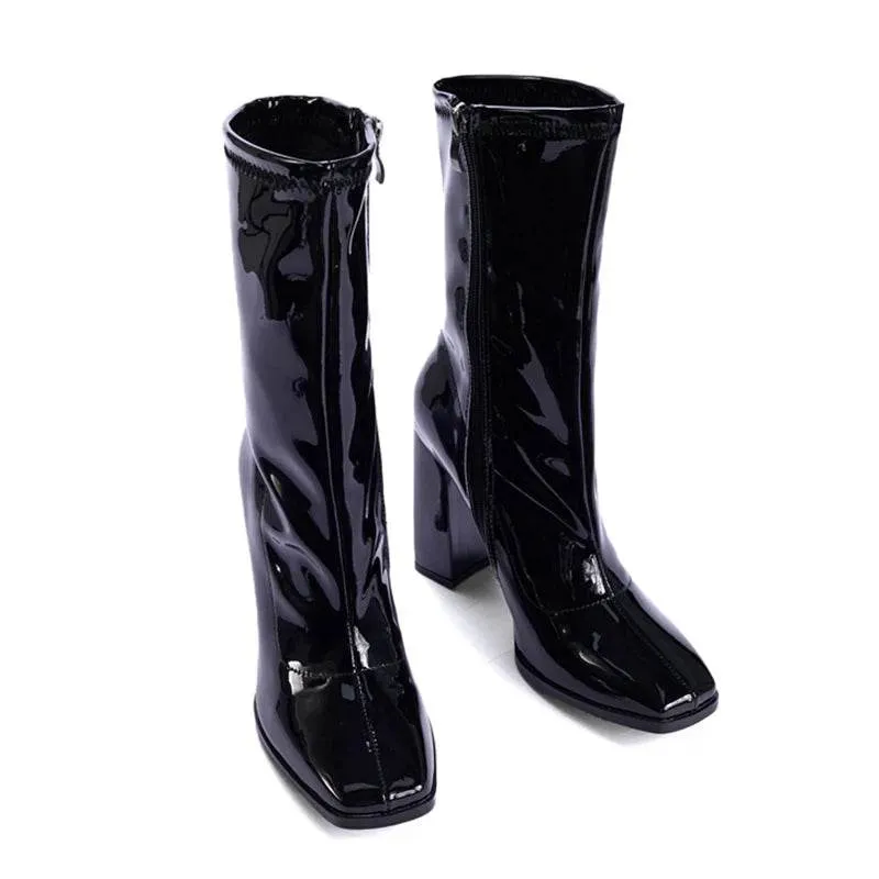 Patent Leather Square Toe Chunky Heel Ankle Boots