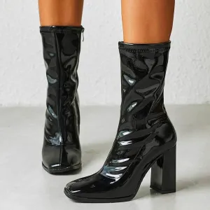Patent Leather Square Toe Chunky Heel Ankle Boots