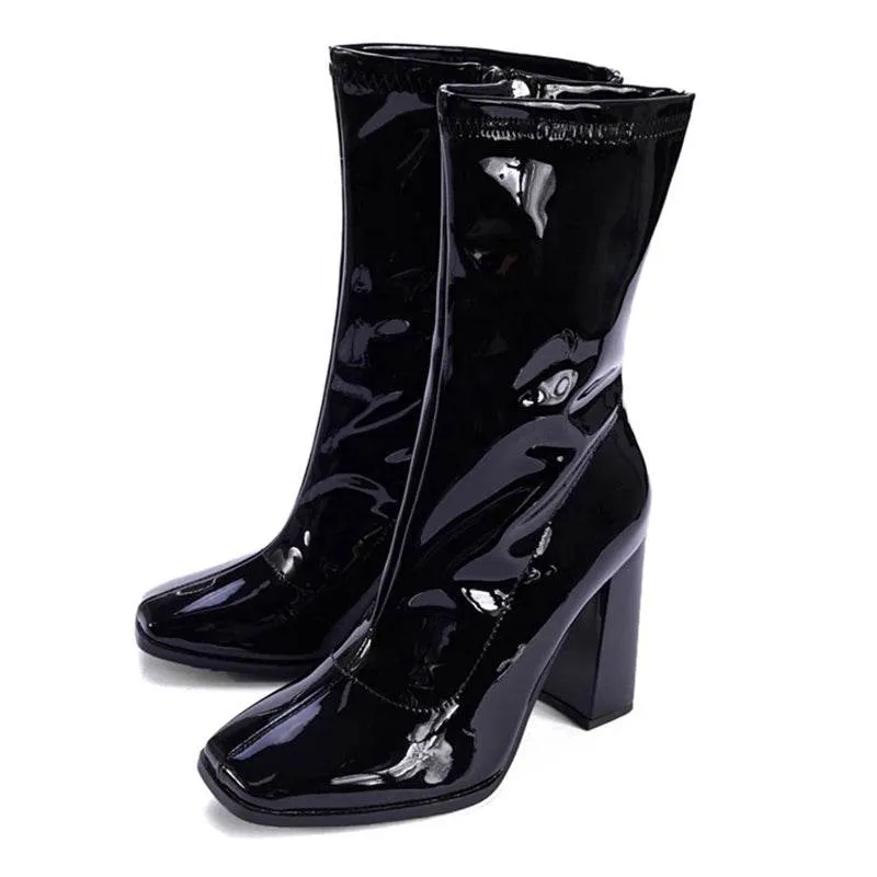 Patent Leather Square Toe Chunky Heel Ankle Boots