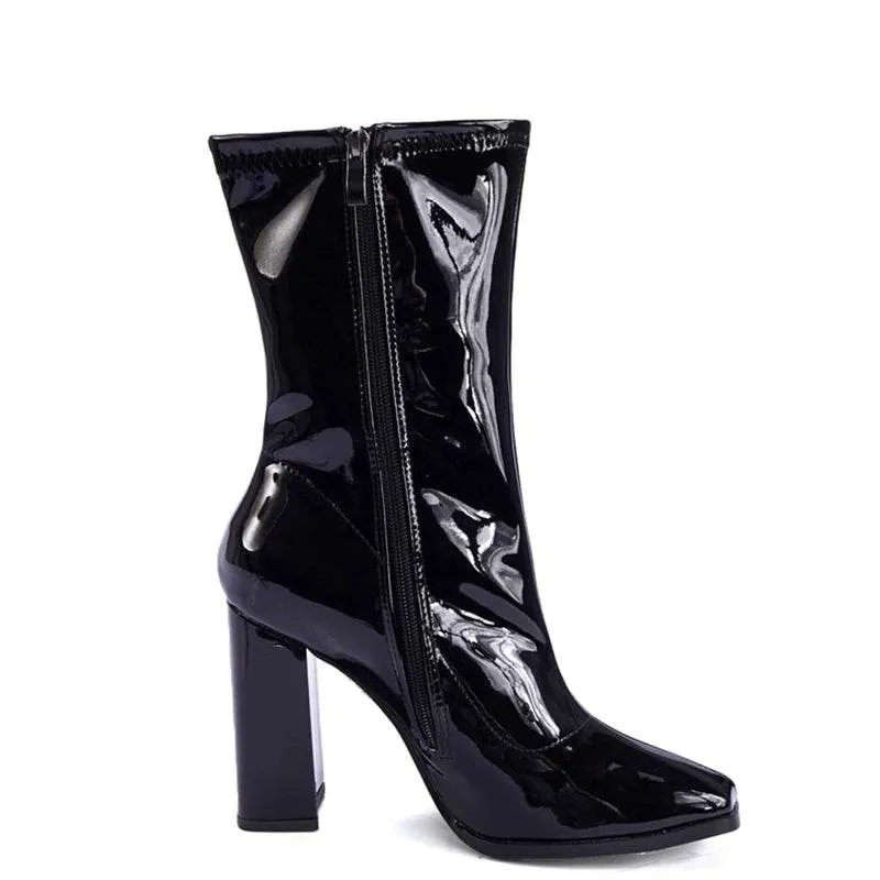 Patent Leather Square Toe Chunky Heel Ankle Boots
