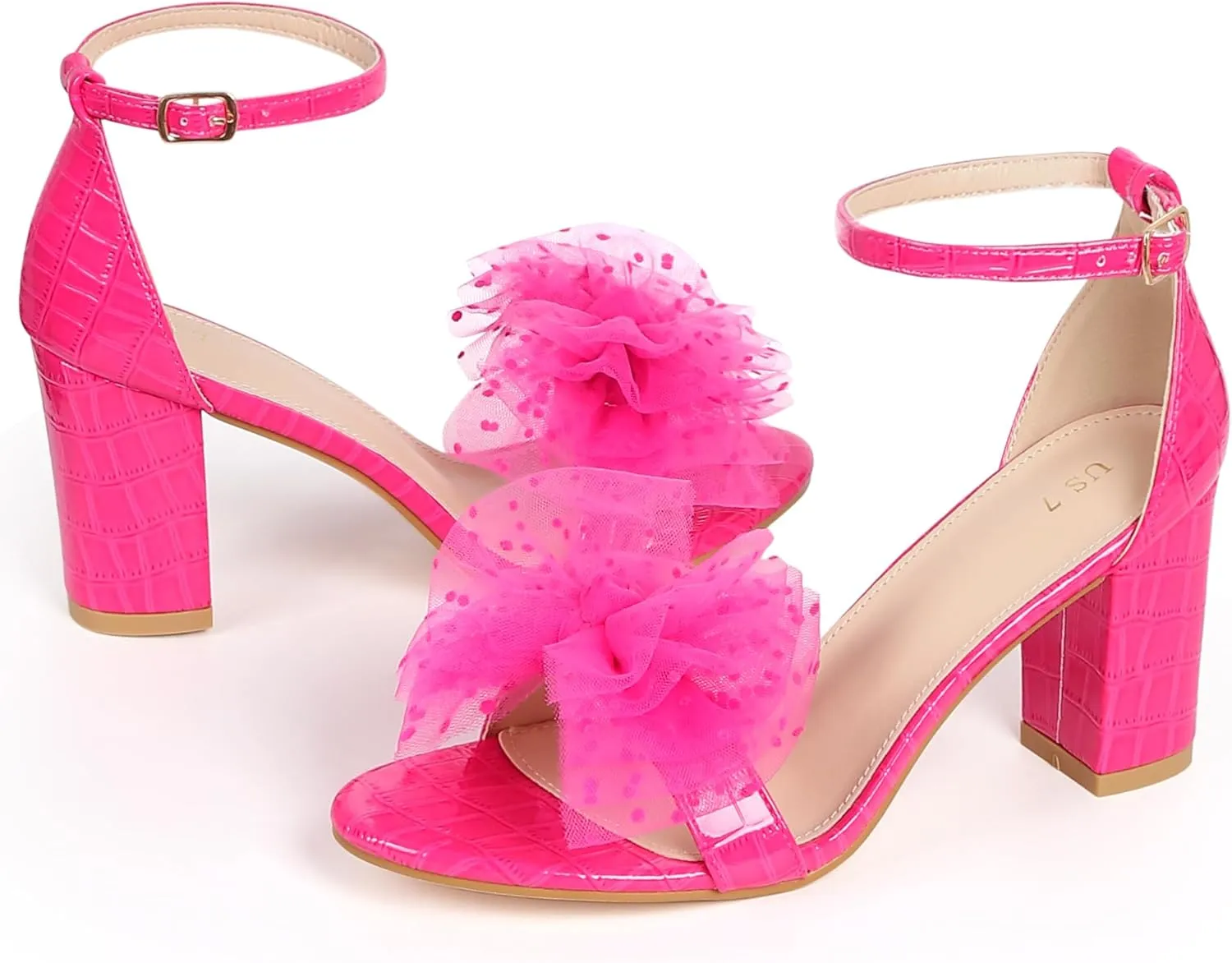 Perphy Ankle Strap Stone Printed Chunky Heel Bow Sandals for Women
