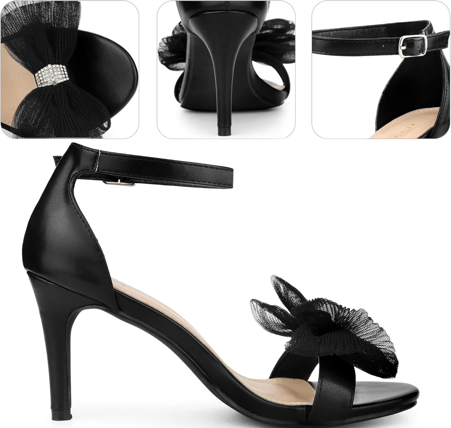 Perphy Stiletto Heels with Bows Ankle Strap Rhinestone Bow Sandals for Women Dress Wedding Shoes