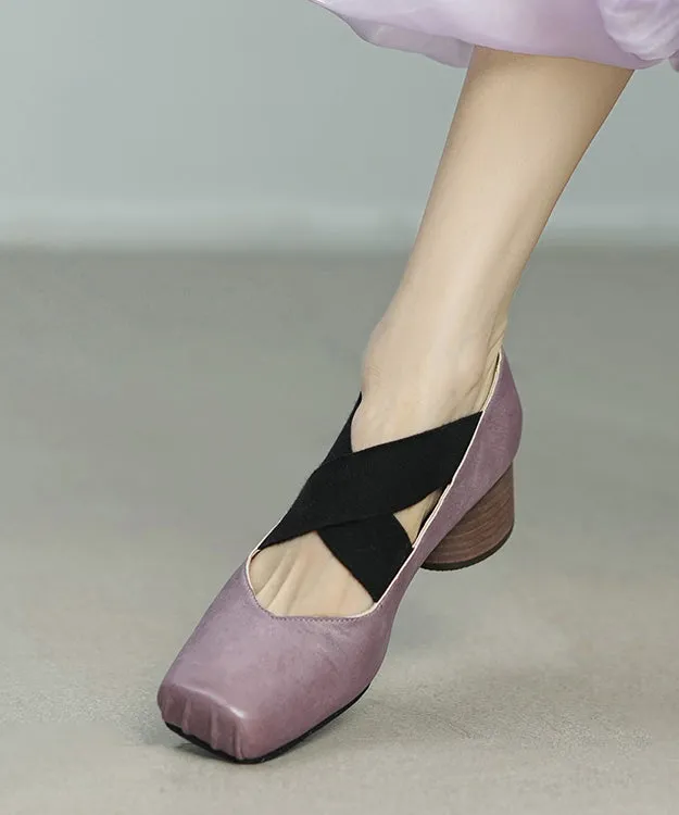 Pink Chunky Heel Horsehide Elegant Splicing Cross Strap YC027