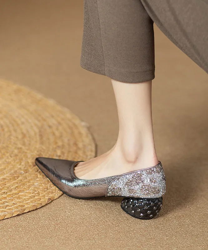 Pointed Silver Toe Heel Faux Chunky Brown Splicing Fitted Leather