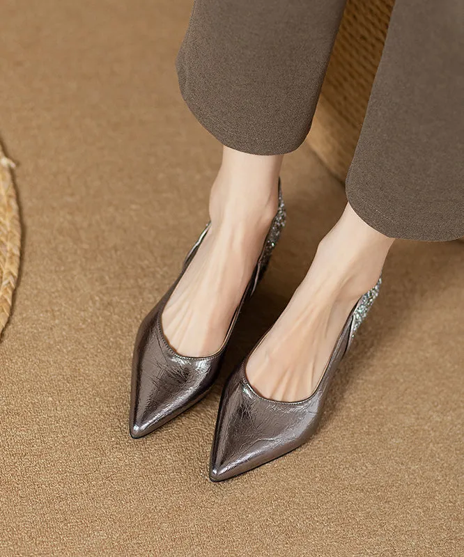 Pointed Silver Toe Heel Faux Chunky Brown Splicing Fitted Leather