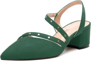 Pointed Toe Pumps Women - Low Chunky Heel Slingback Slip-On, Solid Color Shoes for Wedding Guest, Cocktail Parties & Daily Use