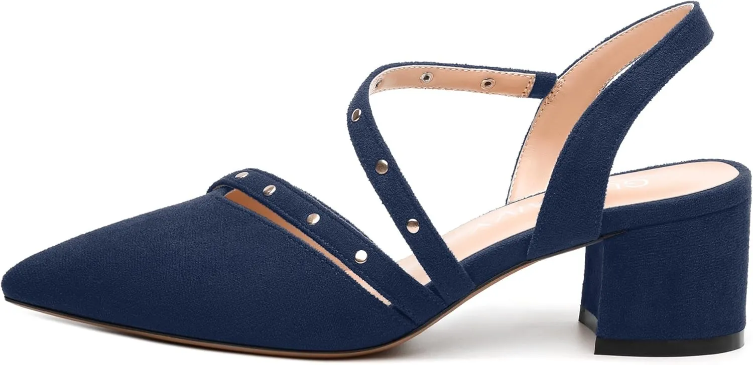 Pointed Toe Pumps Women - Low Chunky Heel Slingback Slip-On, Solid Color Shoes for Wedding Guest, Cocktail Parties & Daily Use