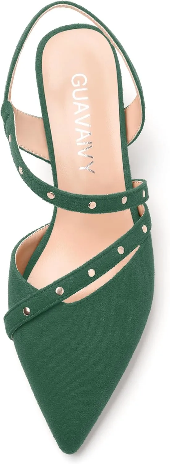 Pointed Toe Pumps Women - Low Chunky Heel Slingback Slip-On, Solid Color Shoes for Wedding Guest, Cocktail Parties & Daily Use