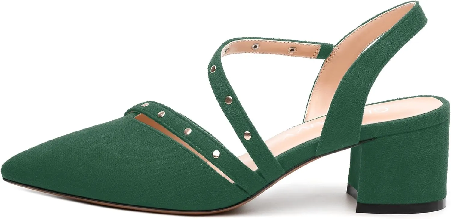 Pointed Toe Pumps Women - Low Chunky Heel Slingback Slip-On, Solid Color Shoes for Wedding Guest, Cocktail Parties & Daily Use