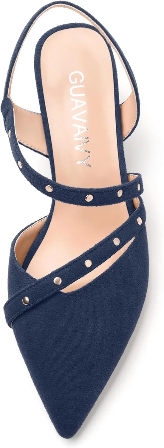 Pointed Toe Pumps Women - Low Chunky Heel Slingback Slip-On, Solid Color Shoes for Wedding Guest, Cocktail Parties & Daily Use