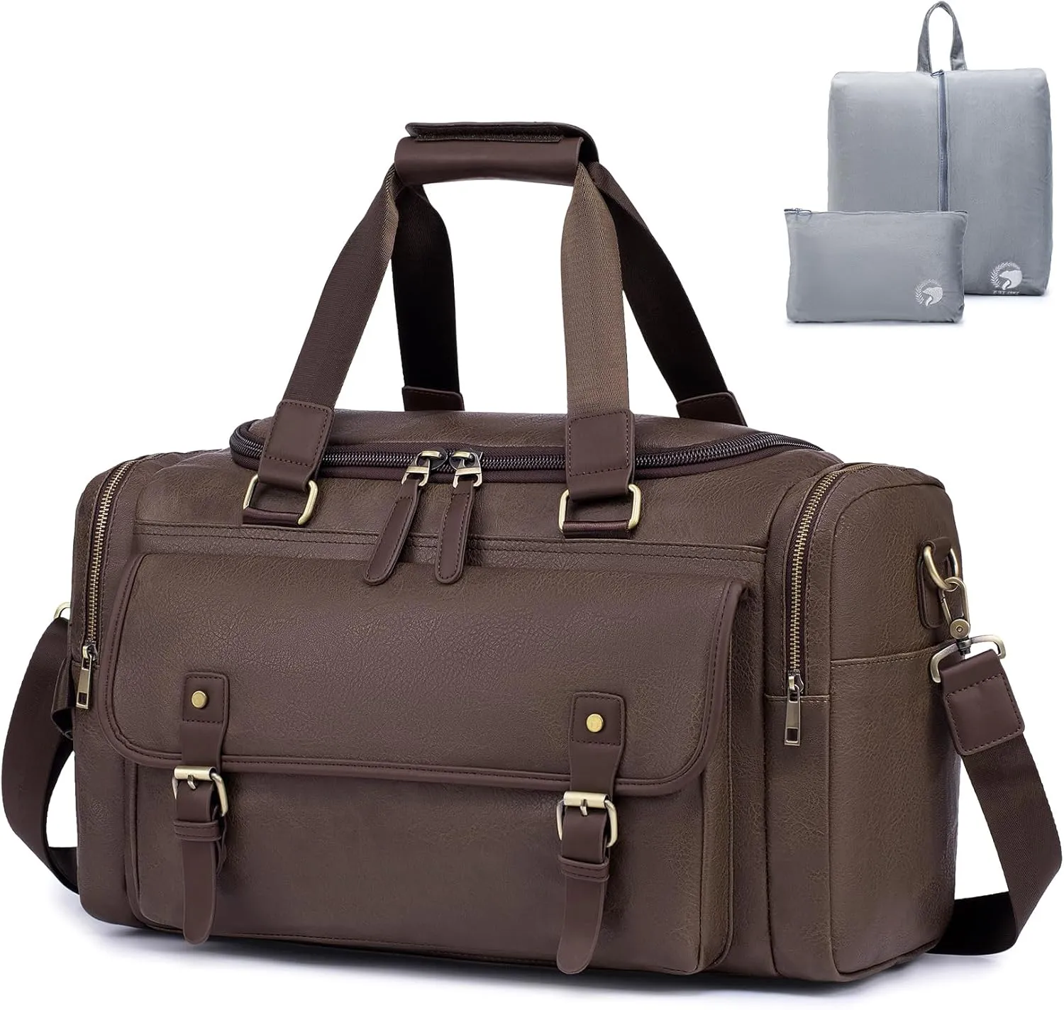 PU Leather Travel Duffel Bag with Toiletry Dopp Kit and Shoe Pouch, Weekender Overnight bag Luggage Carry-On Bag with Adjustable Shoulder Strap for Men or Women Brown