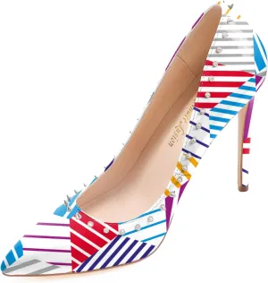 Reindee Lusion Womens 4 Inches High Stiletto Heels Pumps Rivets Closed Toe Sexy Shoes
