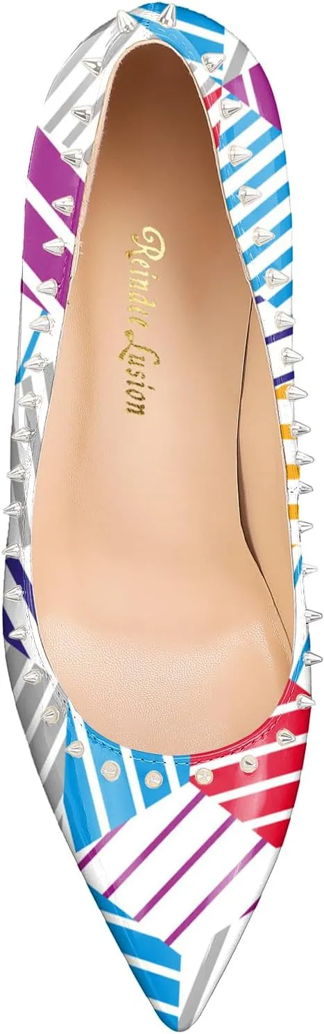 Reindee Lusion Womens 4 Inches High Stiletto Heels Pumps Rivets Closed Toe Sexy Shoes