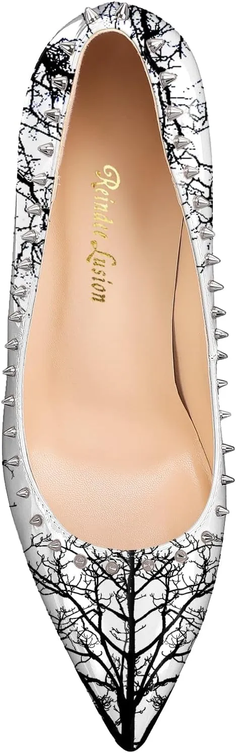Reindee Lusion Womens 4 Inches High Stiletto Heels Pumps Rivets Closed Toe Sexy Shoes