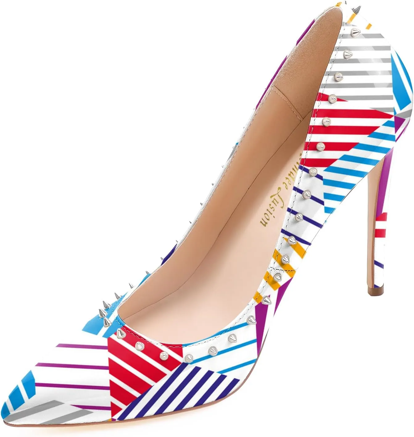 Reindee Lusion Womens 4 Inches High Stiletto Heels Pumps Rivets Closed Toe Sexy Shoes