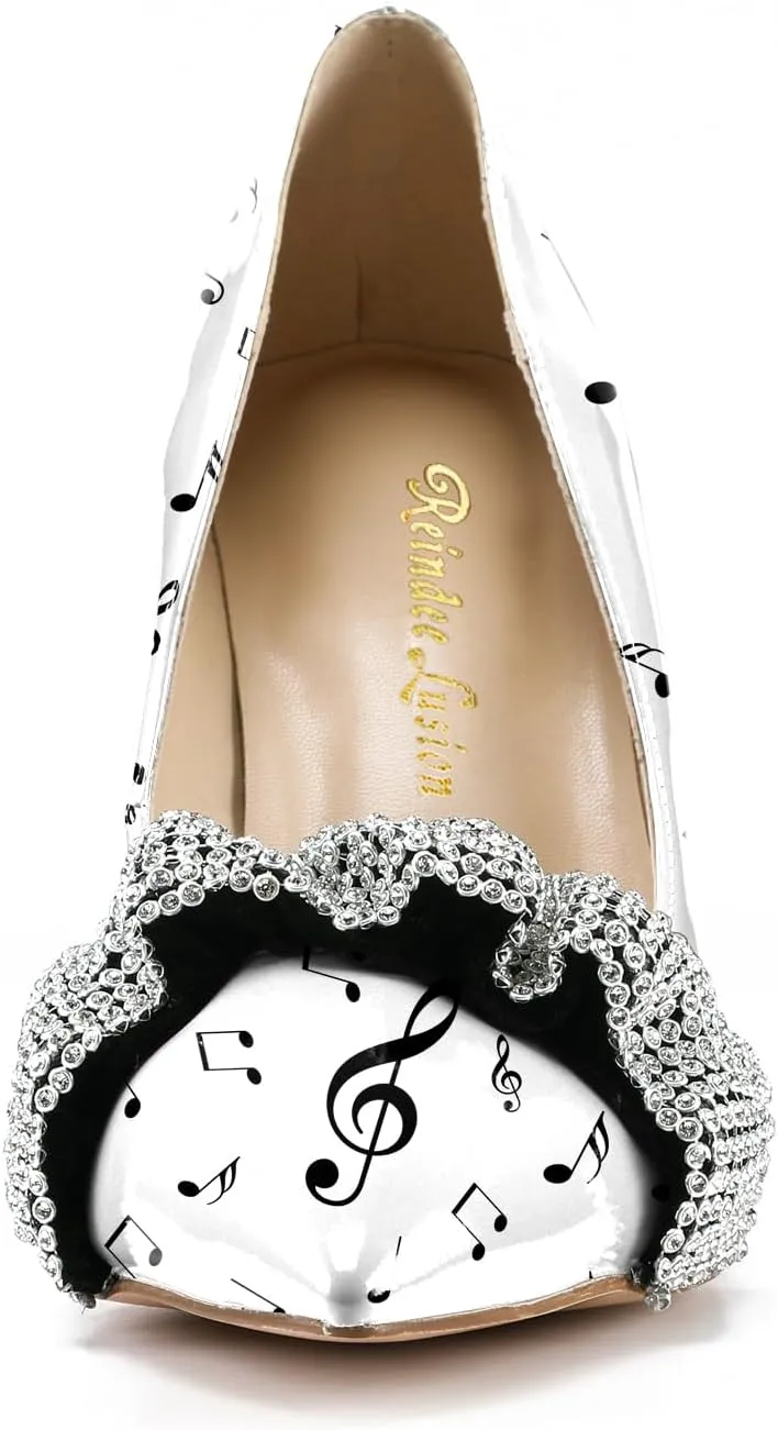Reindee Lusion Womens High Stiletto Heels Pumps Music Note Printed Closed Toe Sexy Shoes