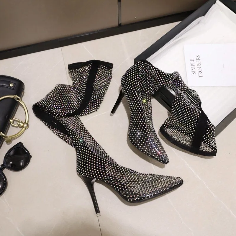 Rhinestone Fishnet Thigh High Boots
