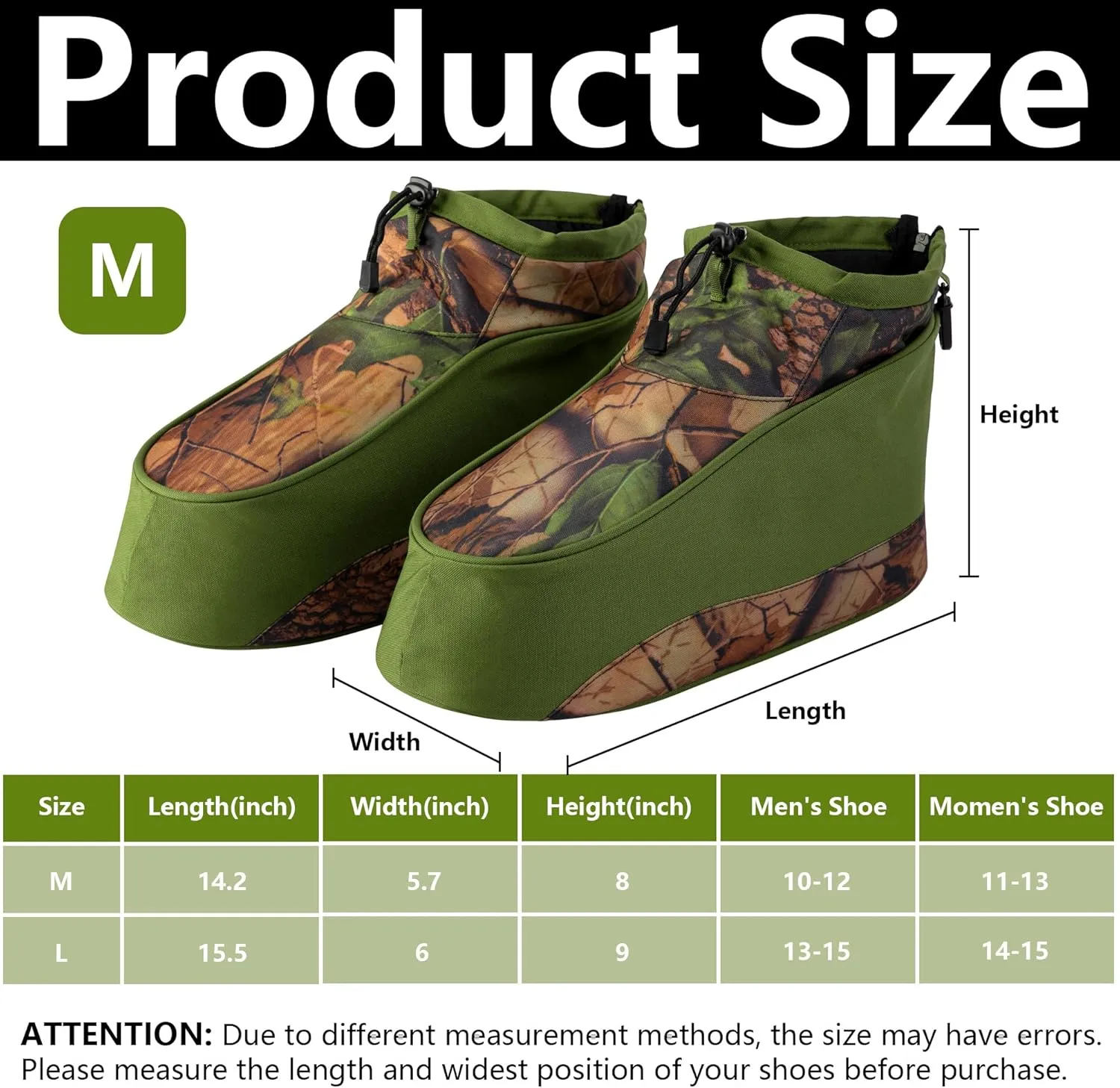 RunNico Waterproof Camo Boot Insulated Covers, 600D Hunting Non-Slip Boot Cover with Adjustable Drawstring, Cold Weather Boot Insulators for Men Women Hunting Camping Fishing Wildlife Photography(M,L)
