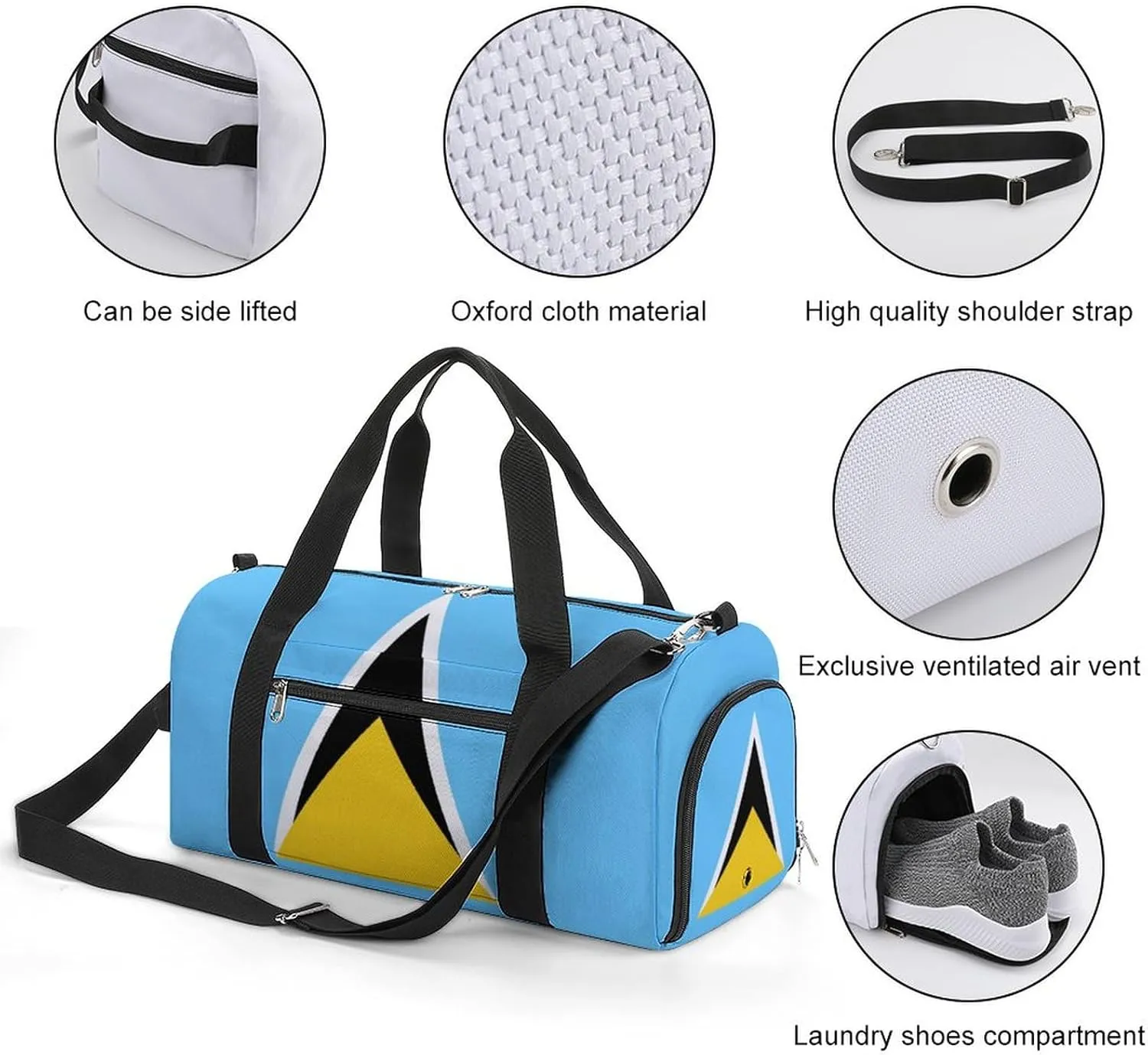 Saint Lucia Flag Gym Bag for Men Women with Waterproof Shoe Compartment Travel Tote