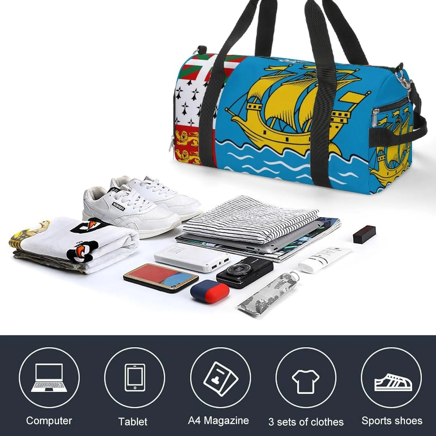 Saint Pierre Miquelon Flag Sports Duffle Bag for Boys Girls with Shoe Compartment Overnight